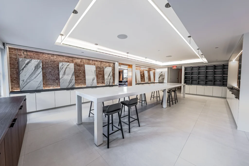 Image of turnkey building project from RZ construction services featuring brick facade, comfortable chairs and exposed ceiling